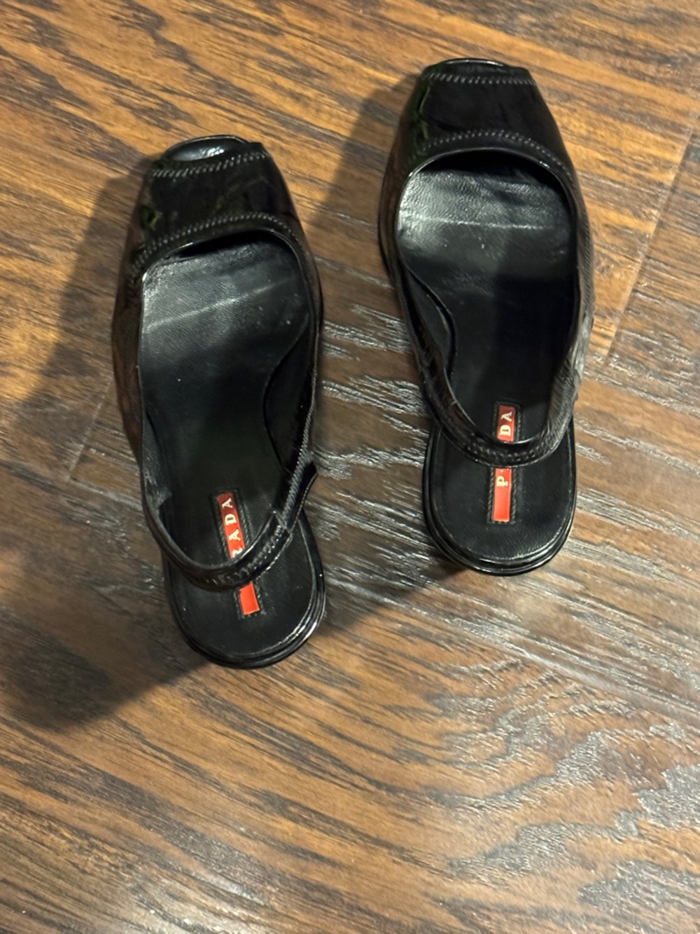 Prada Black Patent Slingback Peep-Toe Wedge Pumps - Picture 8 of 15